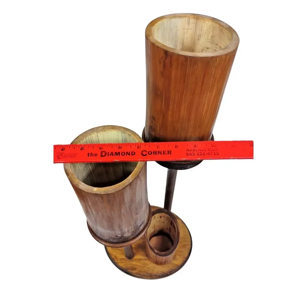 MCM Natural Bamboo Ikebana Teak Triple Candelabra Candle Holder 24